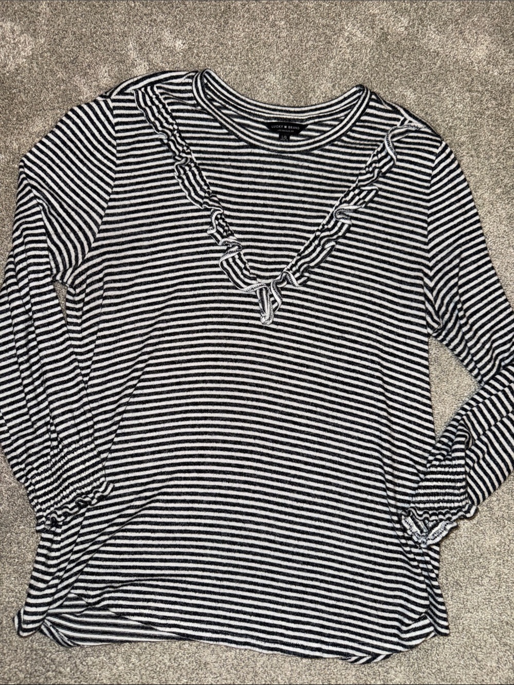 Lucky Brand Black & White Striped Ruffle V-Neck Long Sleeve Top